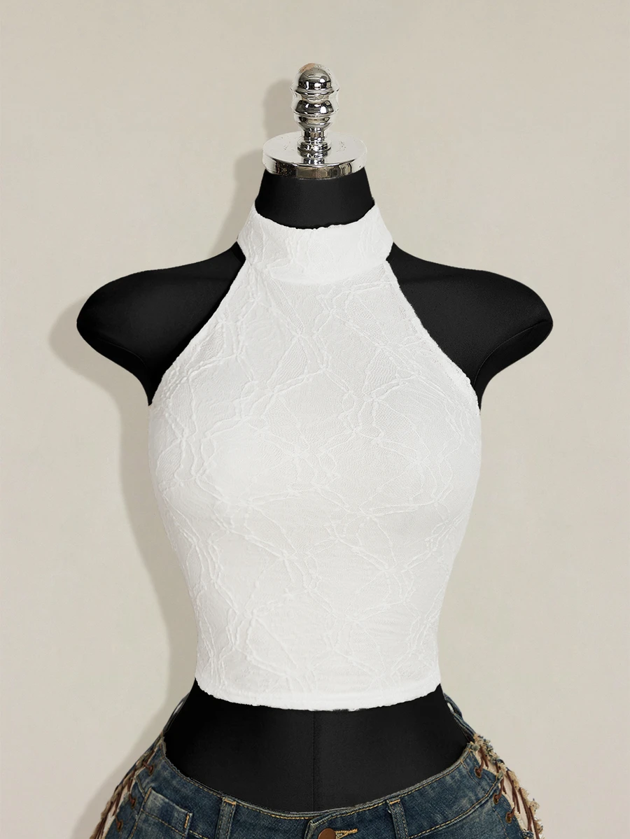 SHEIN ICON 女款素色休閒日常穿搭掛脖上衣 - 白色 - 查看 1