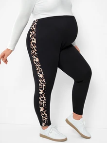 Plussiva Plus Size Maternity Leopard Print Colorblock Adjustable Waist Casual Everyday Long Pants - Black - View 4
