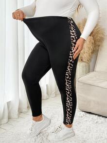 Plussiva Plus Size Maternity Leopard Print Colorblock Adjustable Waist Casual Everyday Long Pants - Black - View 8