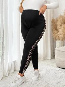 Plussiva Plus Size Maternity Leopard Print Colorblock Adjustable Waist Casual Everyday Long Pants - Black - View 6