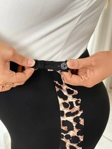 Plussiva Plus Size Maternity Leopard Print Colorblock Adjustable Waist Casual Everyday Long Pants - Black - View 10