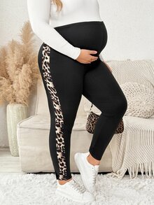 Plussiva Plus Size Maternity Leopard Print Colorblock Adjustable Waist Casual Everyday Long Pants - Black - View 9