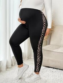 Plussiva Plus Size Maternity Leopard Print Colorblock Adjustable Waist Casual Everyday Long Pants - Black - View 5