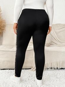 Plussiva Plus Size Maternity Leopard Print Colorblock Adjustable Waist Casual Everyday Long Pants - Black - View 2