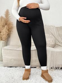 Plussiva Plus Size Maternity Solid Color Adjustable Waist Thermal Lined Leggings - Black - View 5