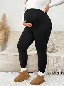 Plussiva Plus Size Maternity Solid Color Adjustable Waist Thermal Lined Leggings - Black - View 7