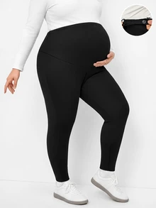 Plussiva Plus Size Maternity Solid Color Adjustable Waist Thermal Lined Leggings - Black - View 3