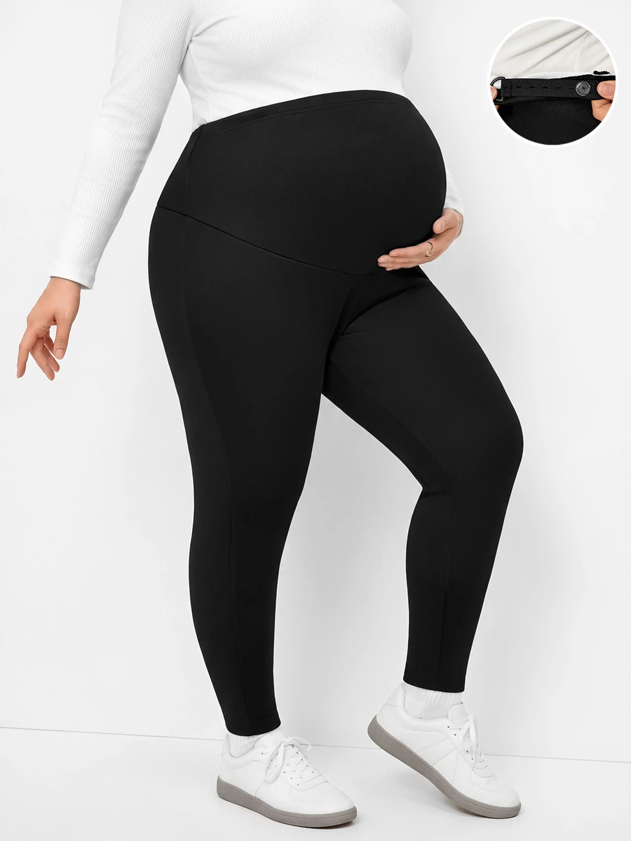 Plussiva 大尺碼孕婦純色可調腰圍保暖內裡內搭褲 - 黑色 - 查看 1