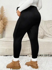 Plussiva Plus Size Maternity Solid Color Adjustable Waist Thermal Lined Leggings - Black - View 2