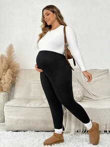 Plussiva Plus Size Maternity Solid Color Adjustable Waist Thermal Lined Leggings - Black - View 10