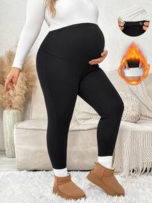 Plussiva Plus Size Maternity Solid Color Adjustable Waist Thermal Lined Leggings - Black - View 1