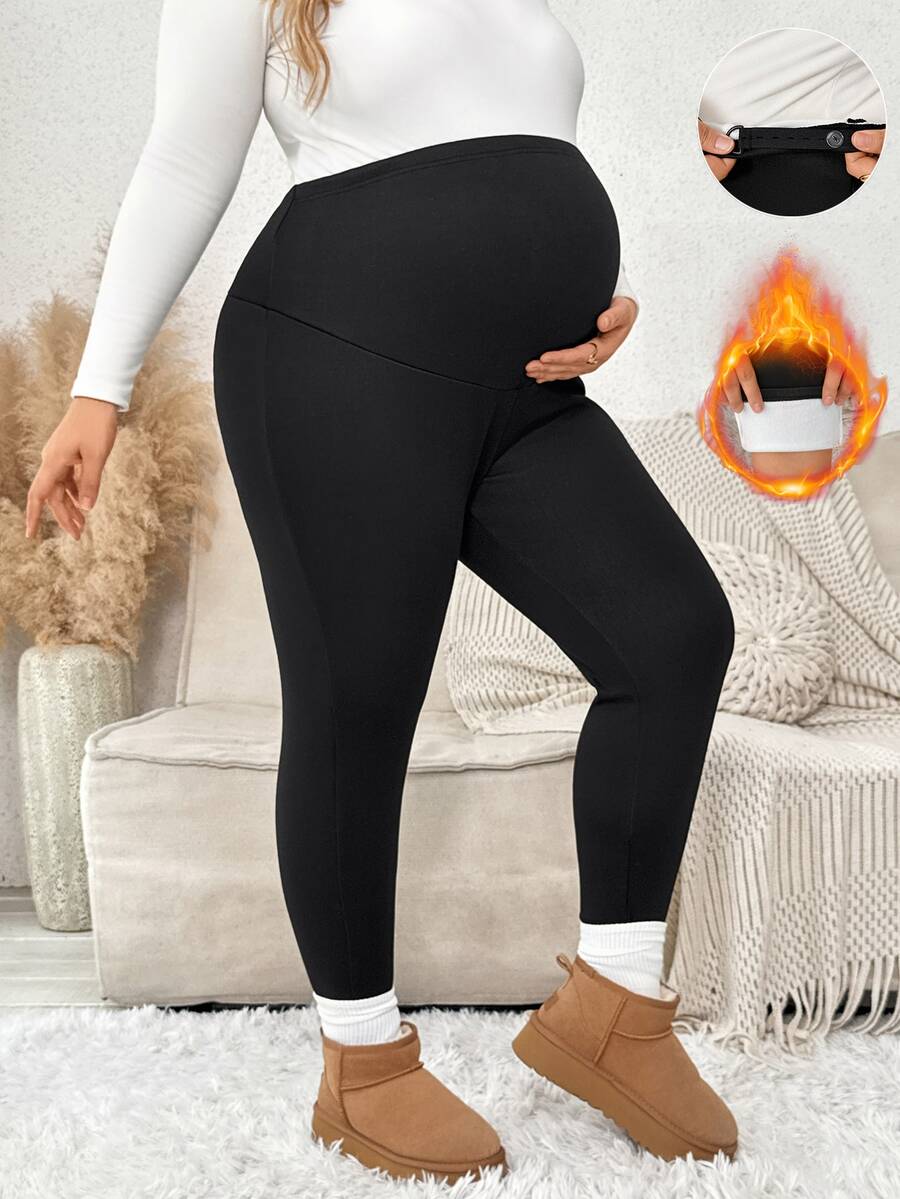 Plussiva Plus Size Maternity Solid Color Adjustable Waist Thermal Lined Leggings - Black - View 1