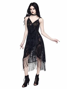 ROMWE Goth Spring Valentine's Day Luxury Black Vintage Floral Flocked Patchwork Tassel Hem Slip Dress For Women - Black - View 6