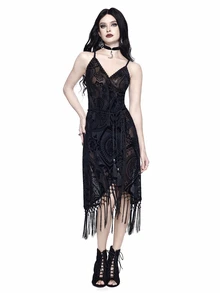 ROMWE Goth Spring Valentine's Day Luxury Black Vintage Floral Flocked Patchwork Tassel Hem Slip Dress For Women - Black - View 5
