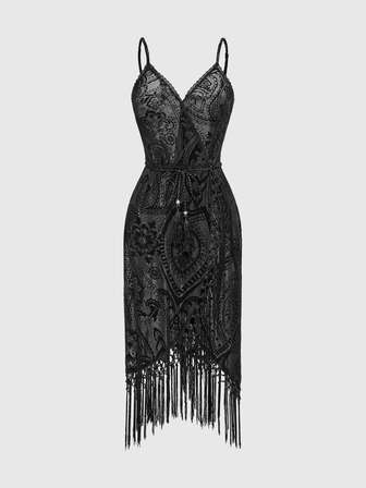 Goth Vintage Blumen Flock Patchwork Quaste Saum Slip Kleid für Damen