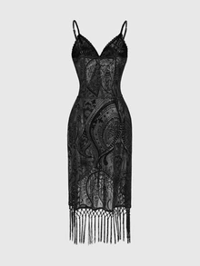 ROMWE Goth Spring Valentine's Day Luxury Black Vintage Floral Flocked Patchwork Tassel Hem Slip Dress For Women - Black - View 7