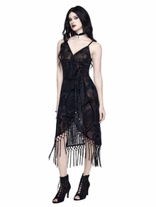 ROMWE Goth Spring Valentine's Day Luxury Black Vintage Floral Flocked Patchwork Tassel Hem Slip Dress For Women - Black - View 4