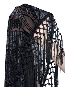 ROMWE Goth Spring Valentine's Day Luxury Black Vintage Floral Flocked Patchwork Tassel Hem Slip Dress For Women - Black - View 12