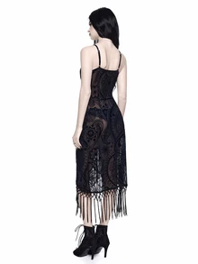 ROMWE Goth Spring Valentine's Day Luxury Black Vintage Floral Flocked Patchwork Tassel Hem Slip Dress For Women - Black - View 2