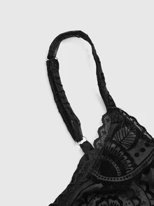 ROMWE Goth Spring Valentine's Day Luxury Black Vintage Floral Flocked Patchwork Tassel Hem Slip Dress For Women - Black - View 8