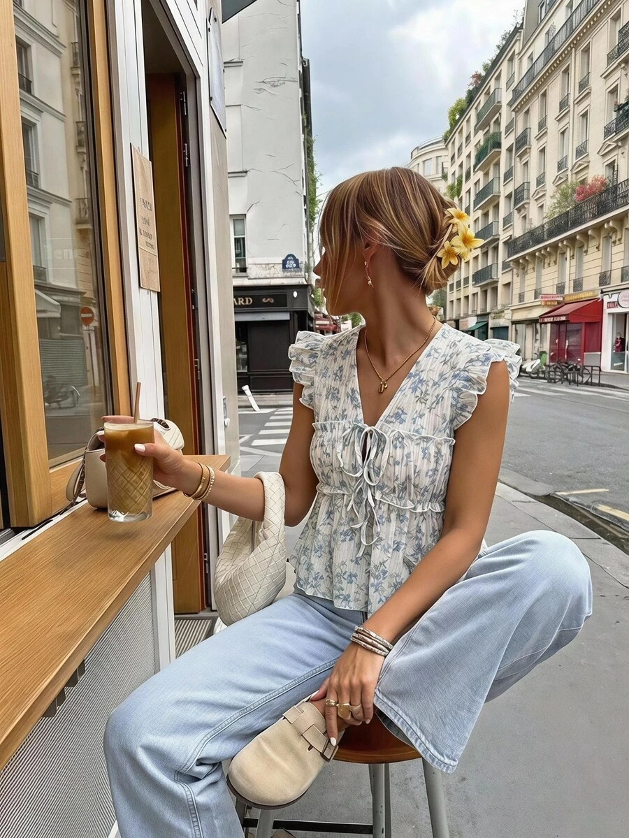 Serisse Women's Sleeveless Shirt, Fashionable For Summer Vacation Holiday Resort Vacation White And Blue Floral And Floral Cottage Core Boho Elegant Vacation - Multicolor - View 1