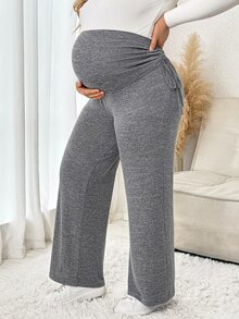 Plussiva Plus Size Maternity Casual Wide Leg Pants With Side Waist Knot - Light Grey - View 9