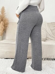 Plussiva Plus Size Maternity Casual Wide Leg Pants With Side Waist Knot - Light Grey - View 4