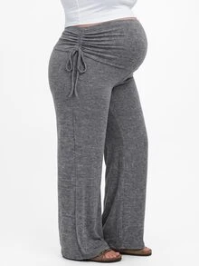 Plussiva Plus Size Maternity Casual Wide Leg Pants With Side Waist Knot - Light Grey - View 3