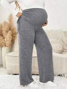 Plussiva Plus Size Maternity Casual Wide Leg Pants With Side Waist Knot - Light Grey - View 6