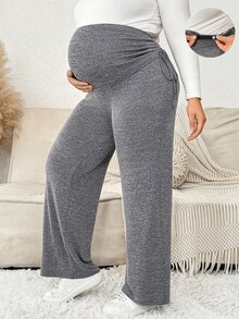 Plussiva Plus Size Maternity Casual Wide Leg Pants With Side Waist Knot - Light Grey - View 1