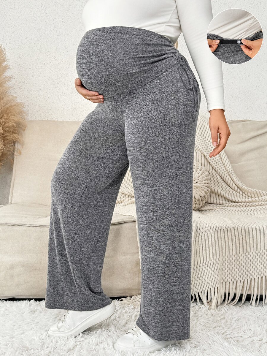 Plussiva Plus Size Maternity Casual Wide Leg Pants With Side Waist Knot - Light Grey - View 1