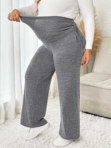 Plussiva Plus Size Maternity Casual Wide Leg Pants With Side Waist Knot - Light Grey - View 5