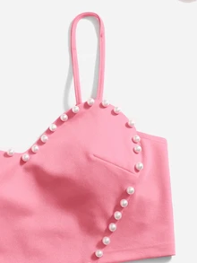 SHEIN ICON 珍珠珠心貼花肩帶心形連身褲 - 粉色 - 查看 5