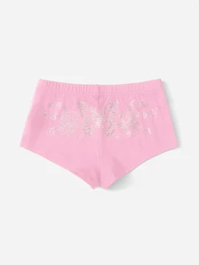 SHEIN ICON 水鑽蝴蝶圖案機車短褲 - 粉色 - 查看 2