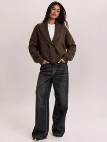 SHEIN BAE Cardigan Rajut Lengan Panjang Kancing Vintage Wanita, Gaya Kampus - Coffee Brown - View 3