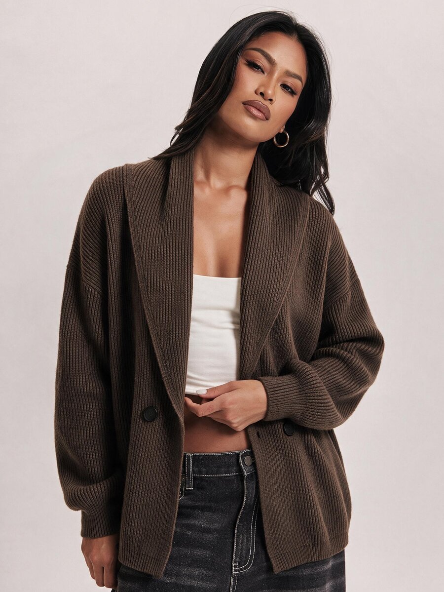 SHEIN BAE Women's Vintage Button Long Sleeve Knit Cardigan, Collegiate Style - Coffee Brown - View 1