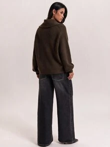 SHEIN BAE Cardigan Rajut Lengan Panjang Kancing Vintage Wanita, Gaya Kampus - Coffee Brown - View 4