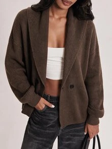 SHEIN BAE Cardigan Rajut Lengan Panjang Kancing Vintage Wanita, Gaya Kampus - Coffee Brown - View 2