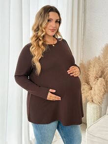 Plussiva Plus Size Maternity Solid Color Versatile Long Sleeve Top, Simple Everyday - Brown - View 6
