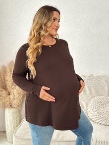 Plussiva Plus Size Maternity Solid Color Versatile Long Sleeve Top, Simple Everyday - Brown - View 7