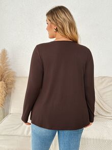 Plussiva Plus Size Maternity Solid Color Versatile Long Sleeve Top, Simple Everyday - Brown - View 4
