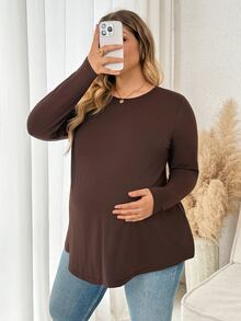 Plussiva Plus Size Maternity Solid Color Versatile Long Sleeve Top, Simple Everyday - Brown - View 5