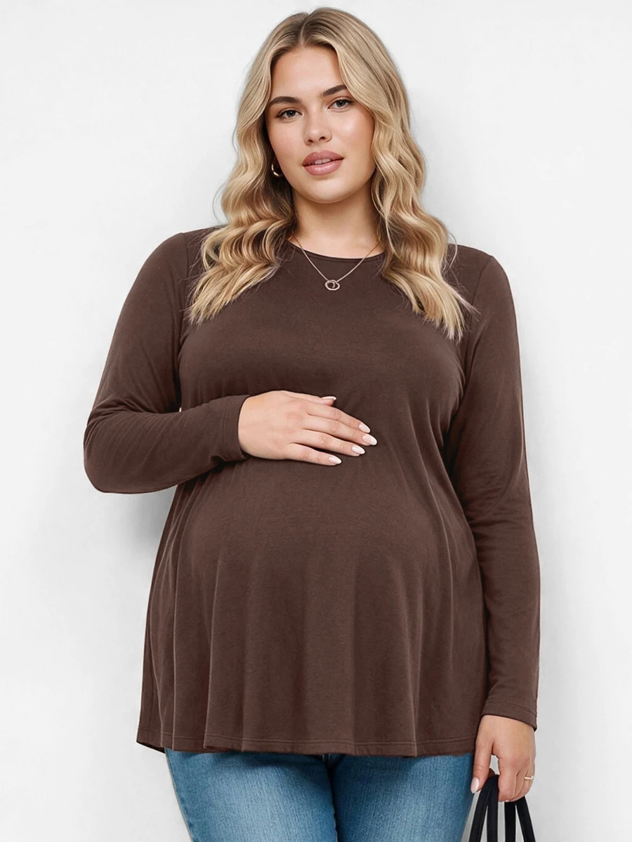 Plussiva Plus Size Maternity Solid Color Versatile Long Sleeve Top, Simple Everyday - Brown - View 1