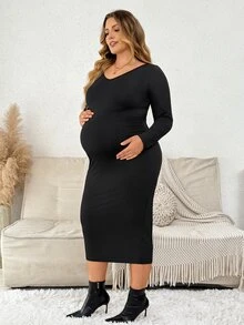 Plussiva Plus Size Solid Color Versatile Long Sleeve Maternity Dress For Daily Wear - Black - View 3