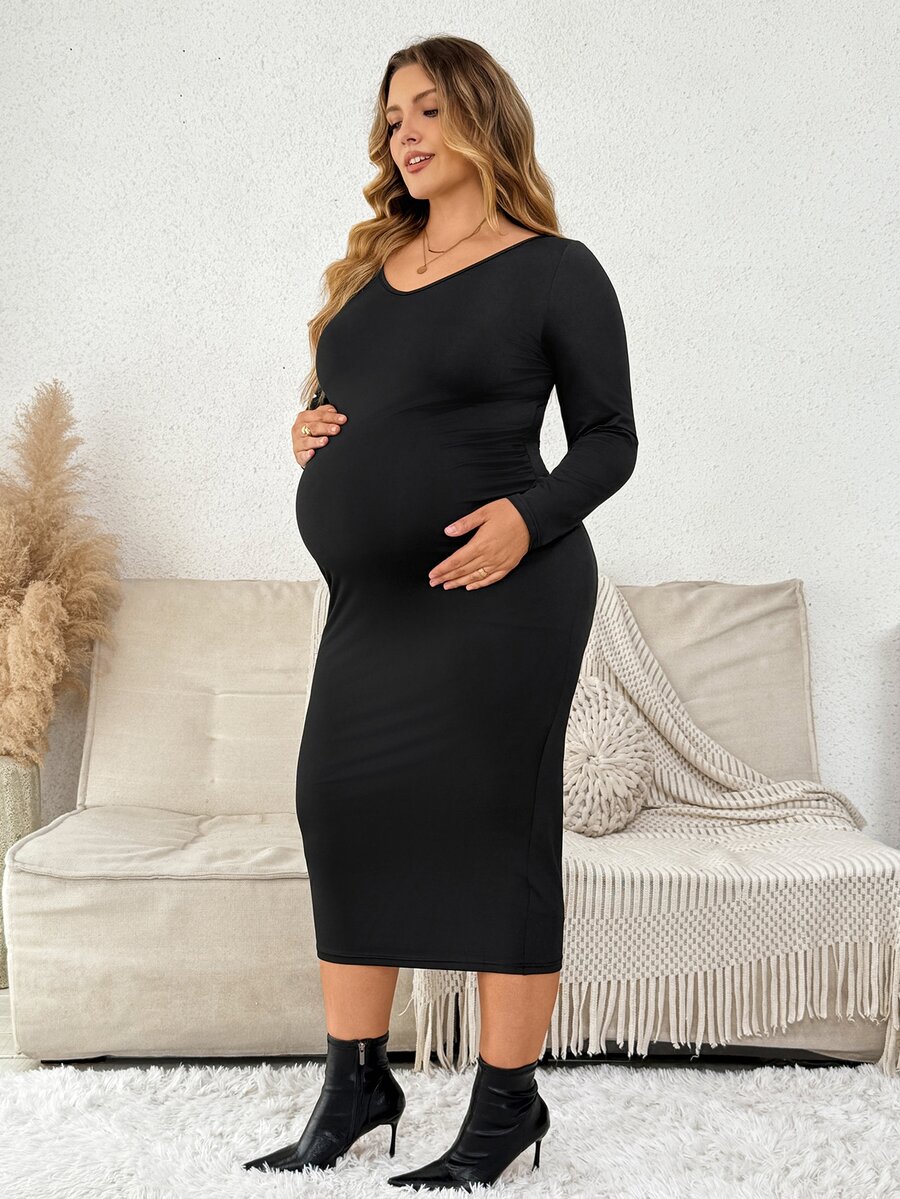 Plussiva 大尺碼純色百搭長袖孕婦洋裝,適合日常穿著 - 黑色 - 查看 1