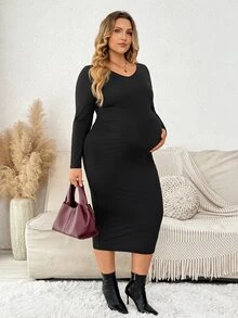 Plussiva Plus Size Solid Color Versatile Long Sleeve Maternity Dress For Daily Wear - Black - View 5
