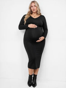 Plussiva Plus Size Solid Color Versatile Long Sleeve Maternity Dress For Daily Wear - Black - View 1