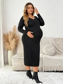Plussiva Plus Size Solid Color Versatile Long Sleeve Maternity Dress For Daily Wear - Black - View 8