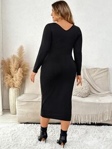 Plussiva Plus Size Solid Color Versatile Long Sleeve Maternity Dress For Daily Wear - Black - View 4
