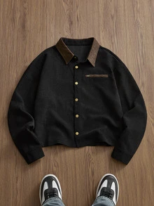 FRESIVO 男士撞色翻领长袖单排扣休闲衬衫式上衣 - 黑色 - 查看 4
